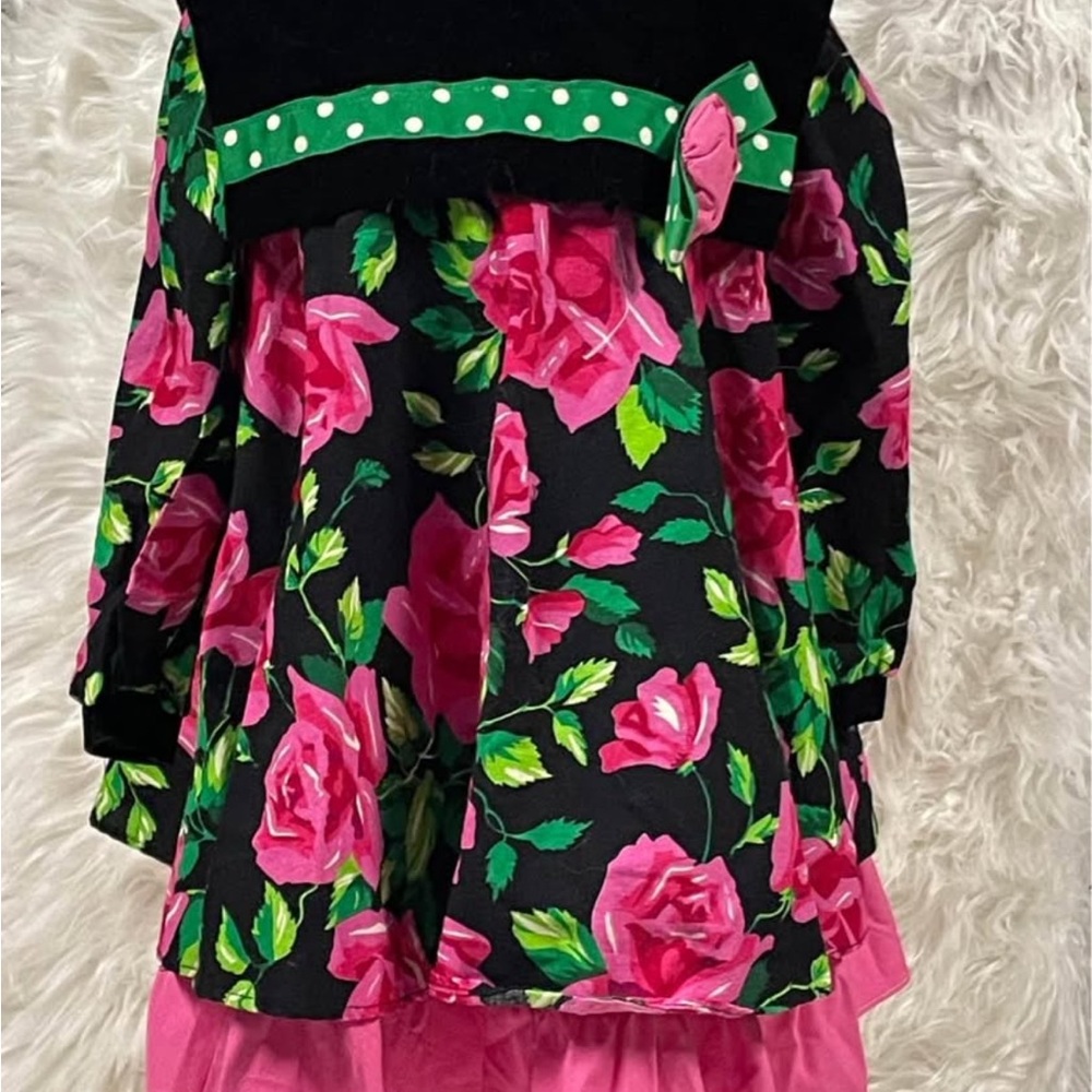 Vintage Floral Black and Pink Dress with Green Accents